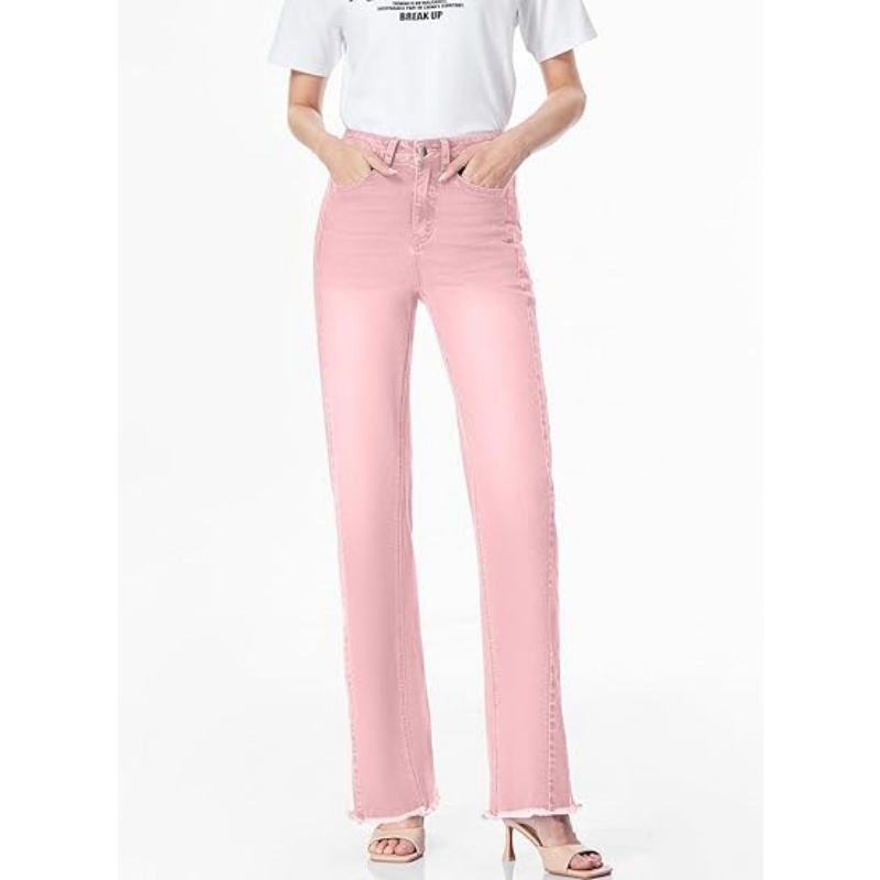 Women's High Waisted Stretchy Wide Leg Raw Hem Jeans