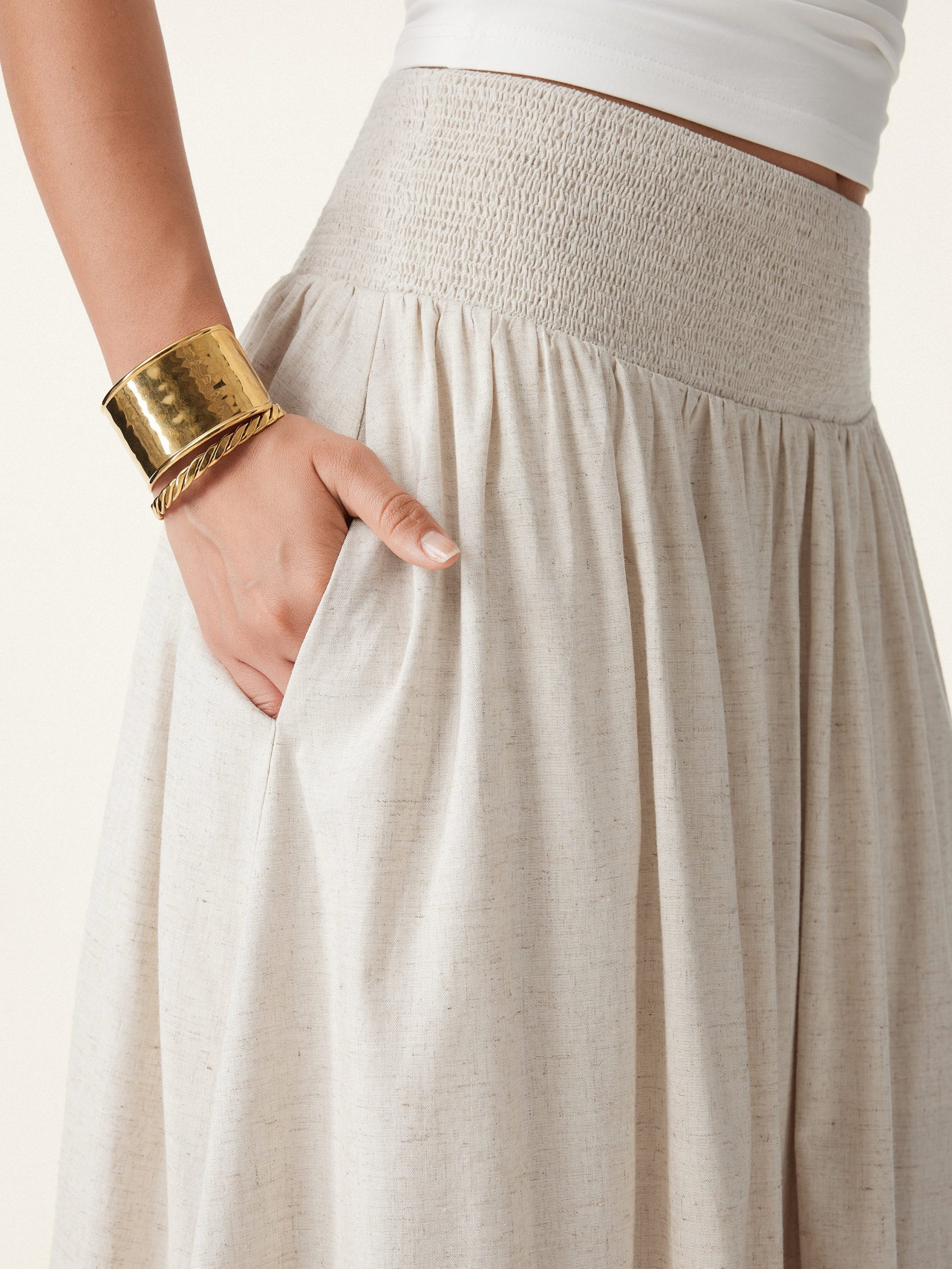 European Linen Smocked Waist Skirt with Pockets