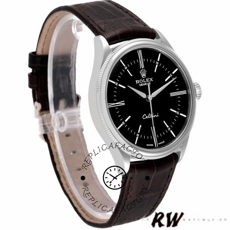 Rolex Cellini Time 50509 Brown Leather Strap Black Dial 39mm Mens Replica Watch