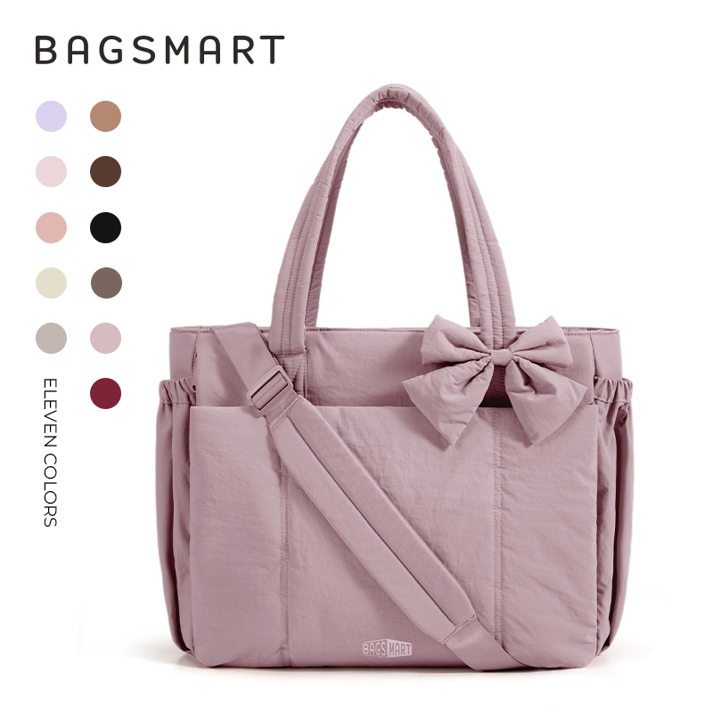 BAGSMART Tote Bag for Women, Puffer Crossbody Bag with Zipper for Women, Quilted Shoulder Bag with Compartments, Purple
