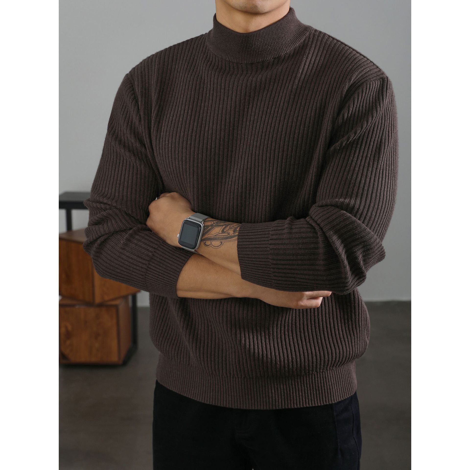 Men’s Vertical-Stripe Half-Turtleneck Sweater