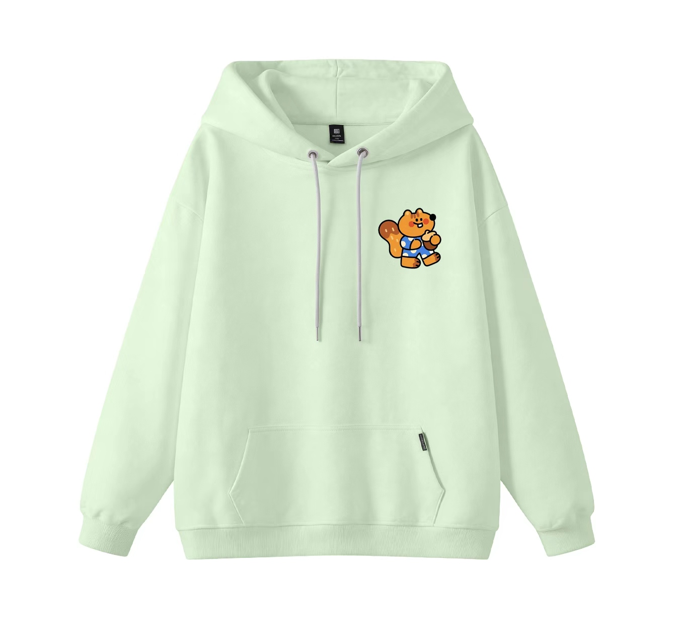 This adorable hooded sweatshirt features a squirrel eating a pine cone and is a casual pullover. Its stand-up collar also makes it an ideal choice for winter wear.