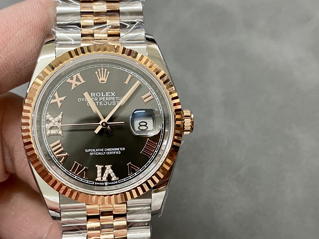 Rolex Datejust 36 Everose Gold Slate Diamond Pave Roman Dial m126231 0023 Women's Watch