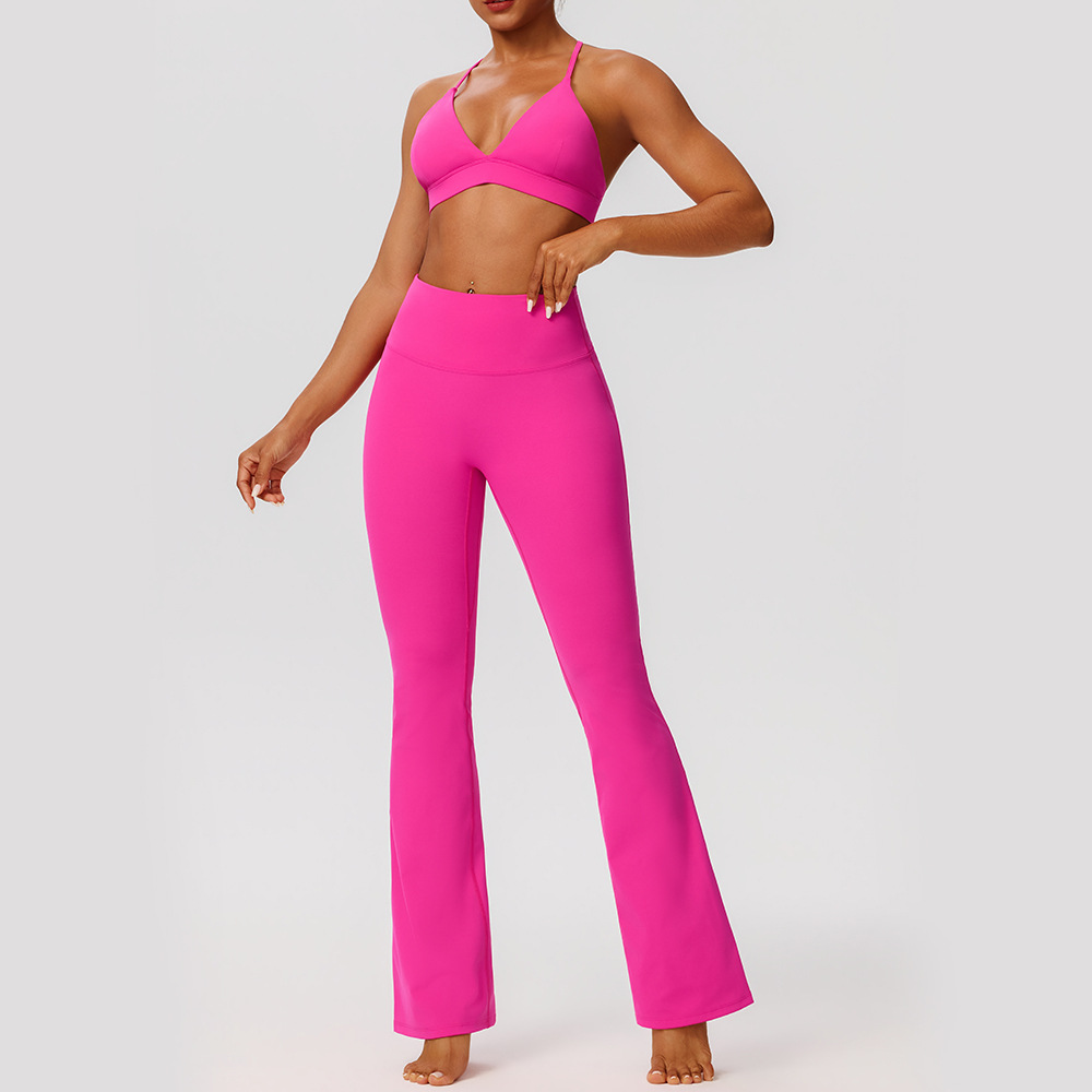 Amazon solid color yoga outfit set, European and American style tight-fitting nude-feel sports bra, butt-lifting running pants fitness set