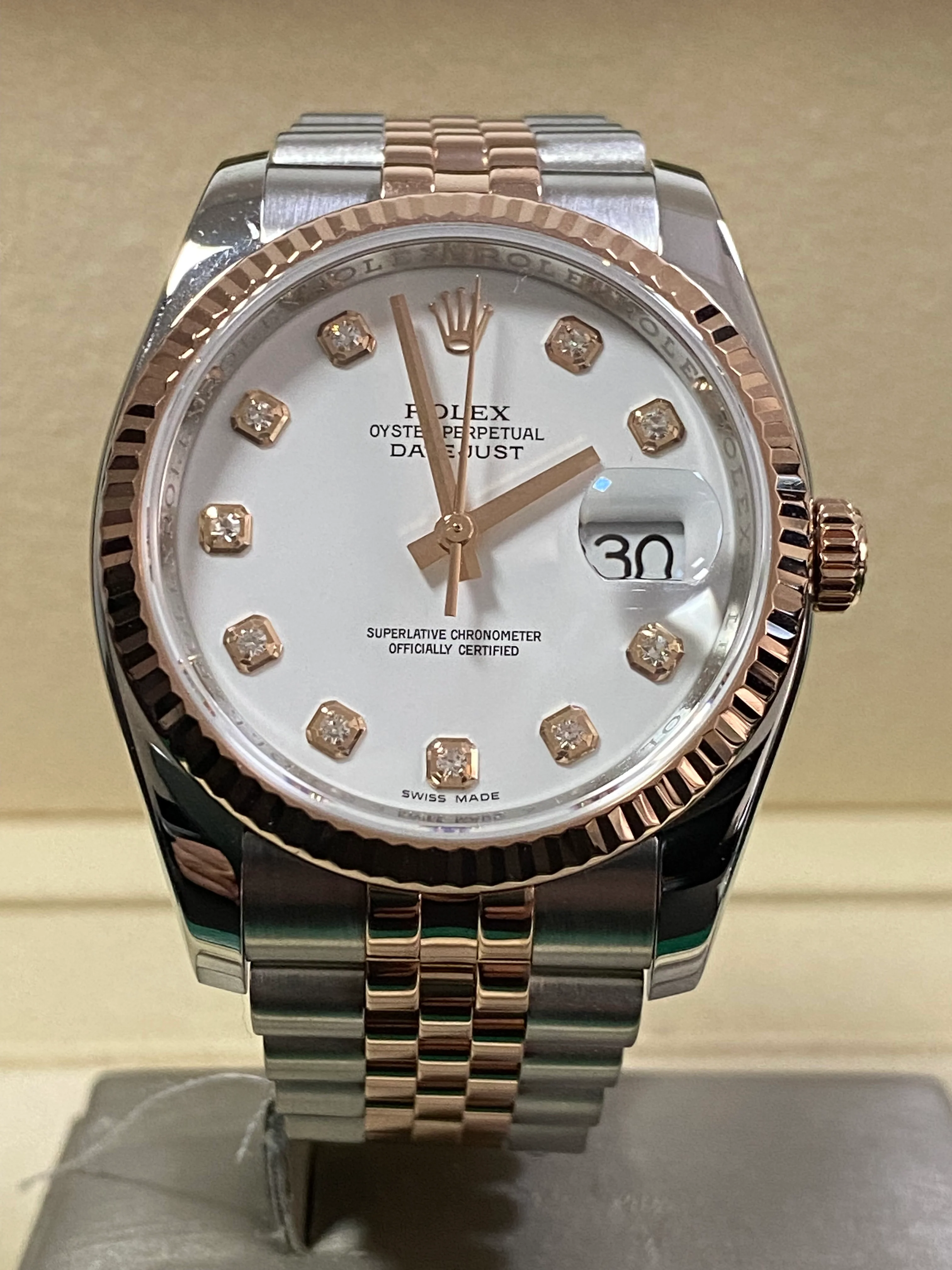 Rolex Steel and Everose Gold Datejust 36 - 2014 - Fluted Bezel - Factory White Diamond Dial - Jubilee Bracelet - 116231