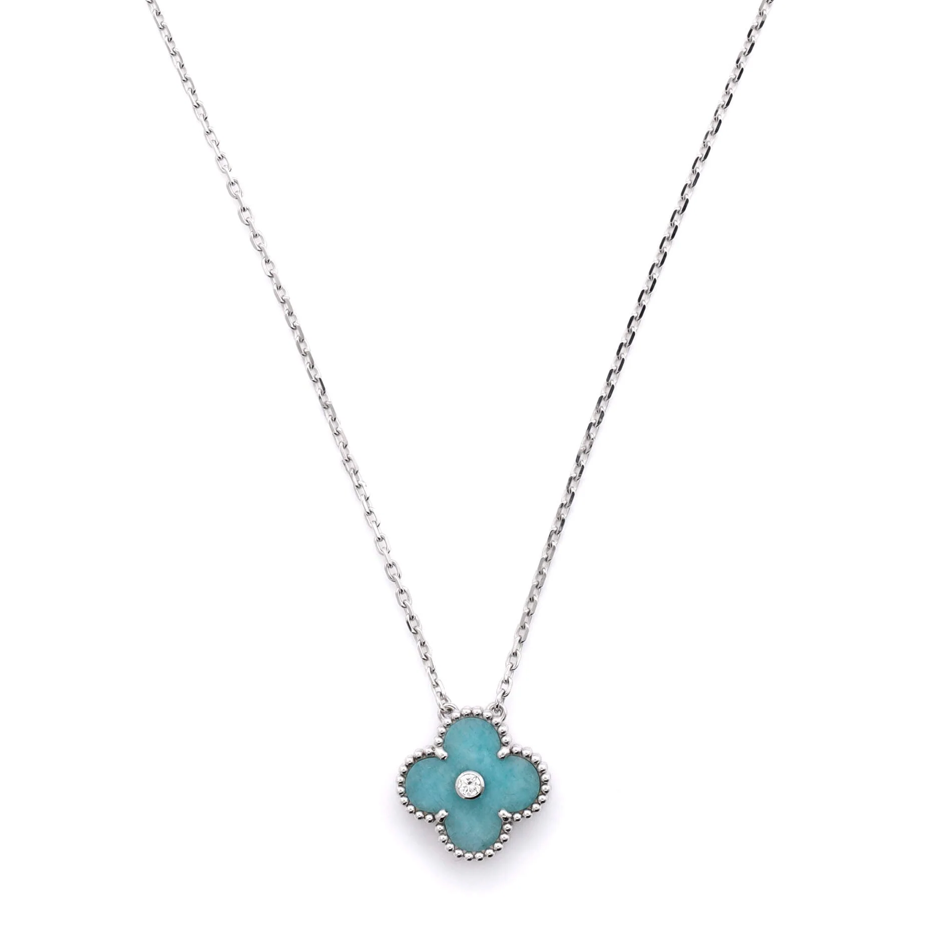 Vintage Alhambra Pendant Necklace 18K White Gold and Green Celadon Sevres Porcelain with Diamond