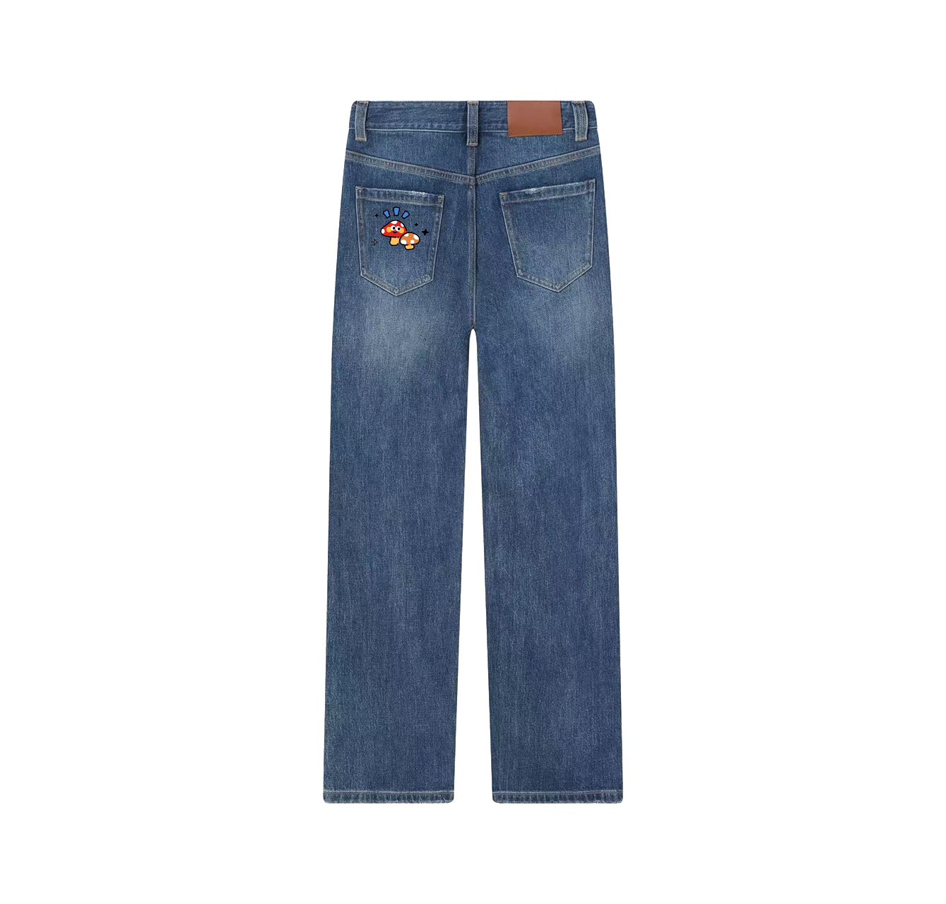 A pair of jeans with a two-mushroom pattern—a wardrobe essential.