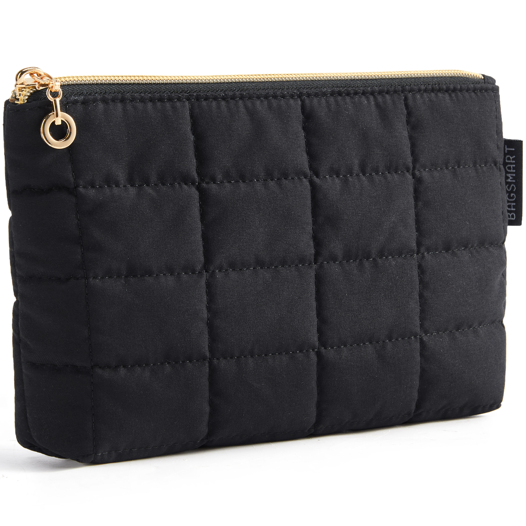 BAGSMART Grid Quilted Makeup Bag, Water-Resistant Cosmetic Pouch Puffy Portable Travel Organizer for Women, Black