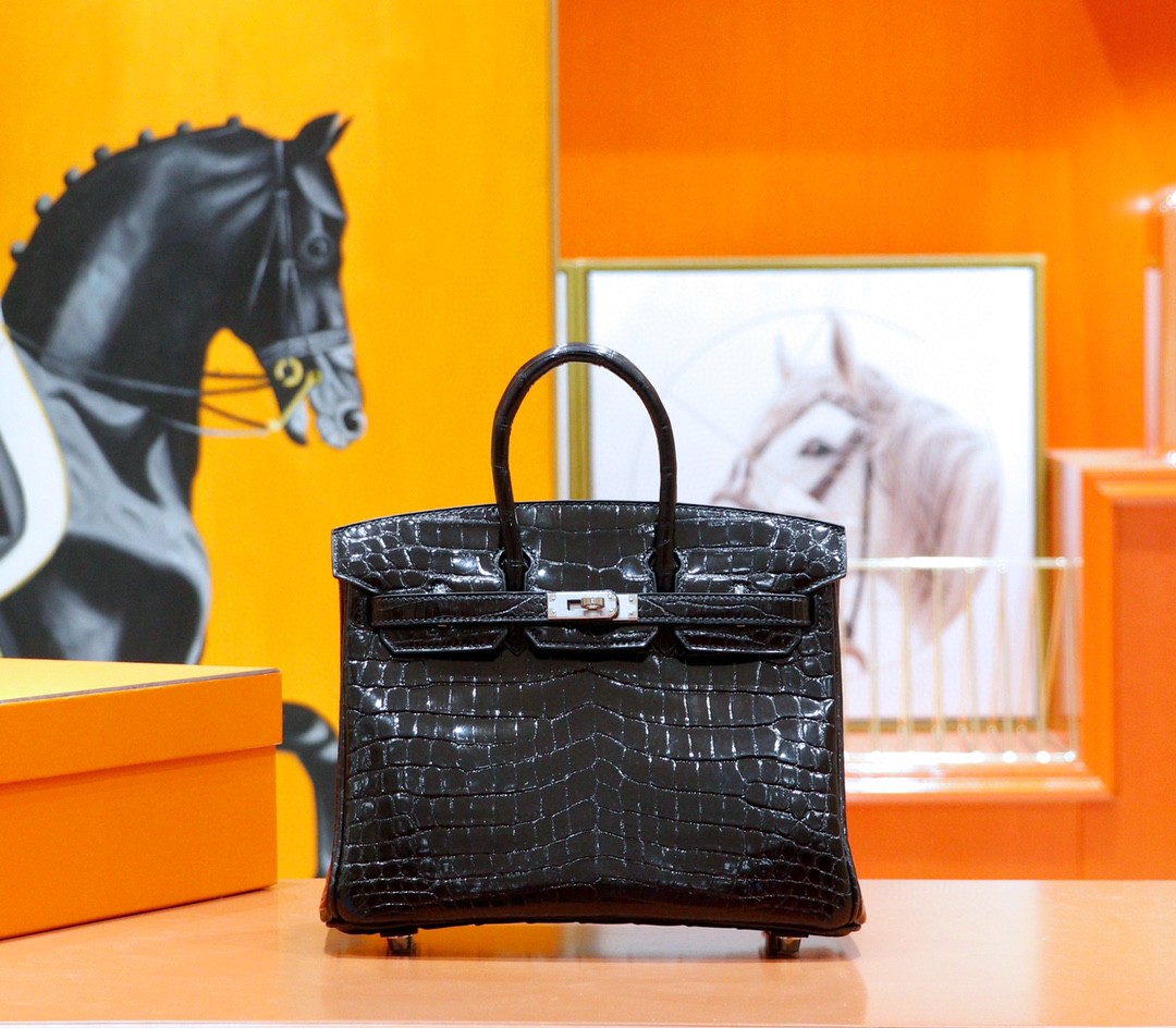 Hermes Birkin platinum bag, black color, glossy crocodile skin, silver buckle, 25-30cm long customization