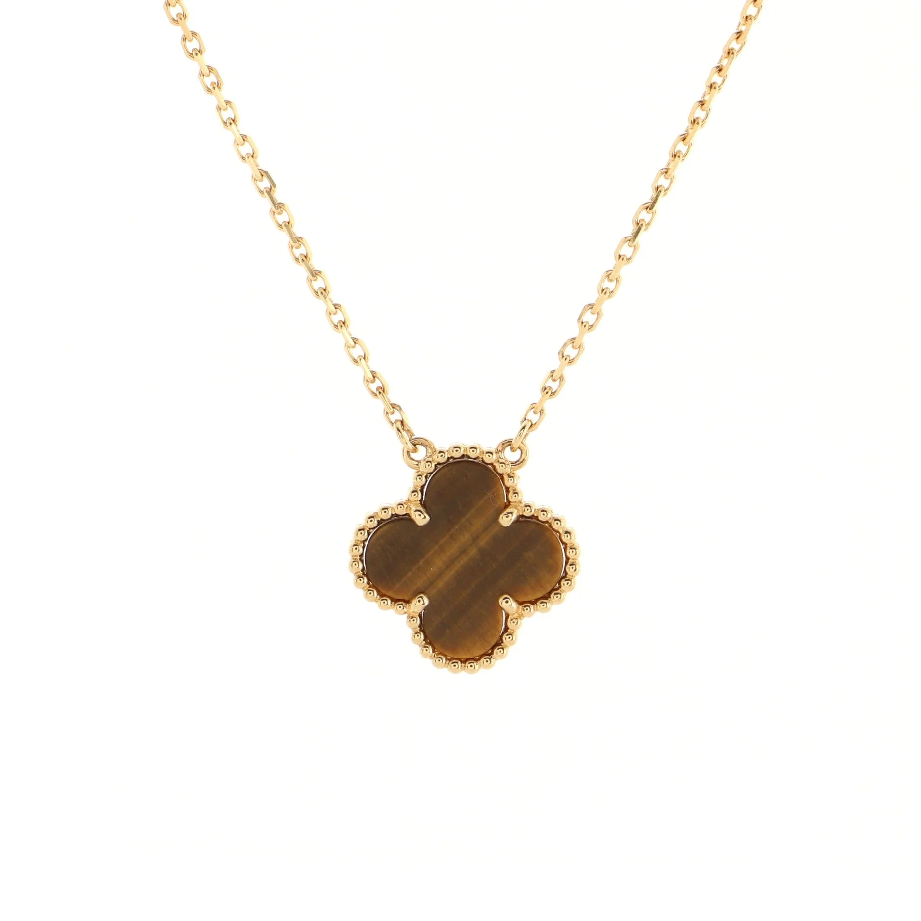 Vintage Alhambra Pendant Necklace 18K Yellow Gold and Tiger Eye