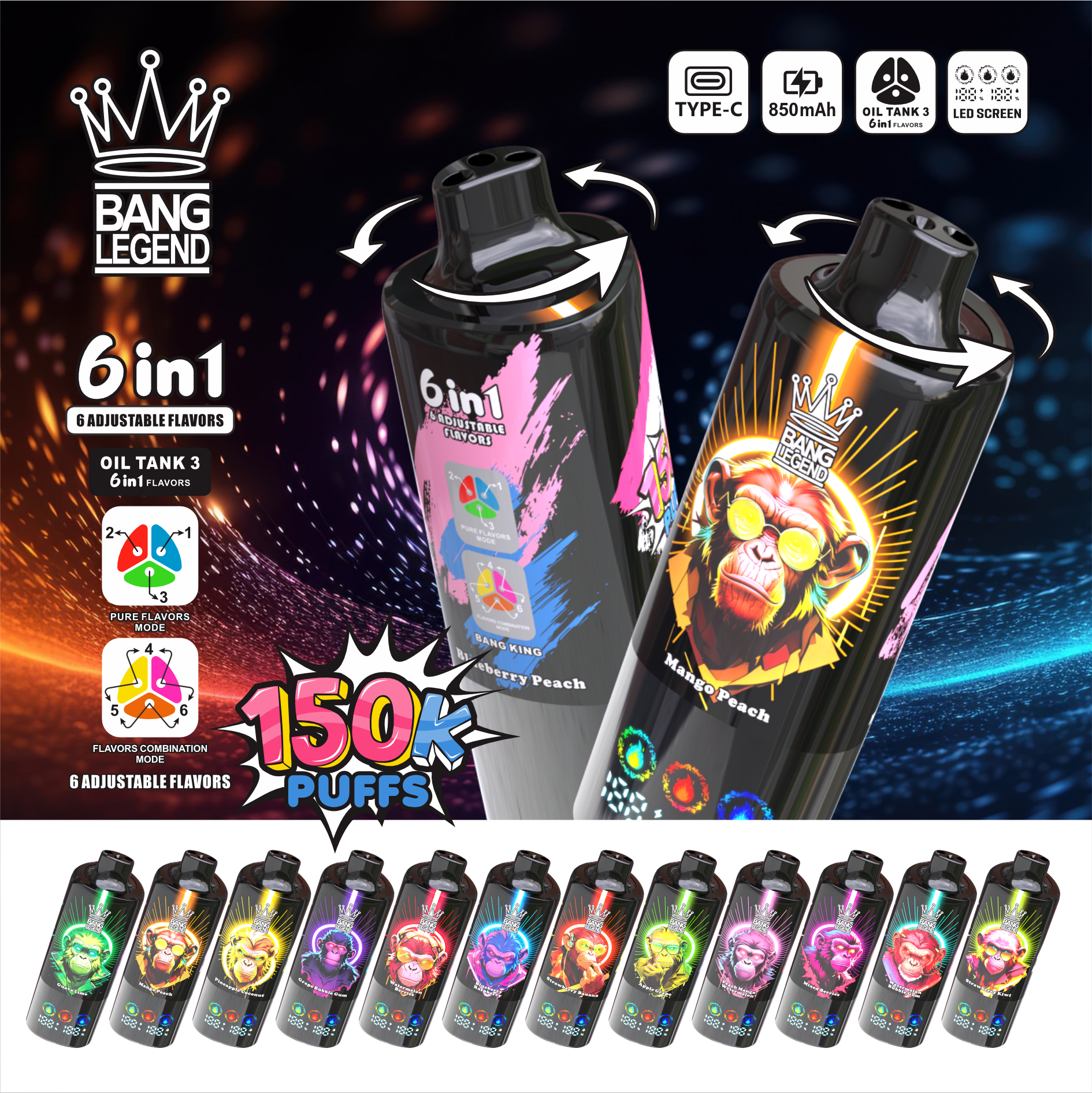 Вейп BANG LEGEND 150 000 Дръпки (6 в 1) | Електронна Цигара с LCD Дисплей
