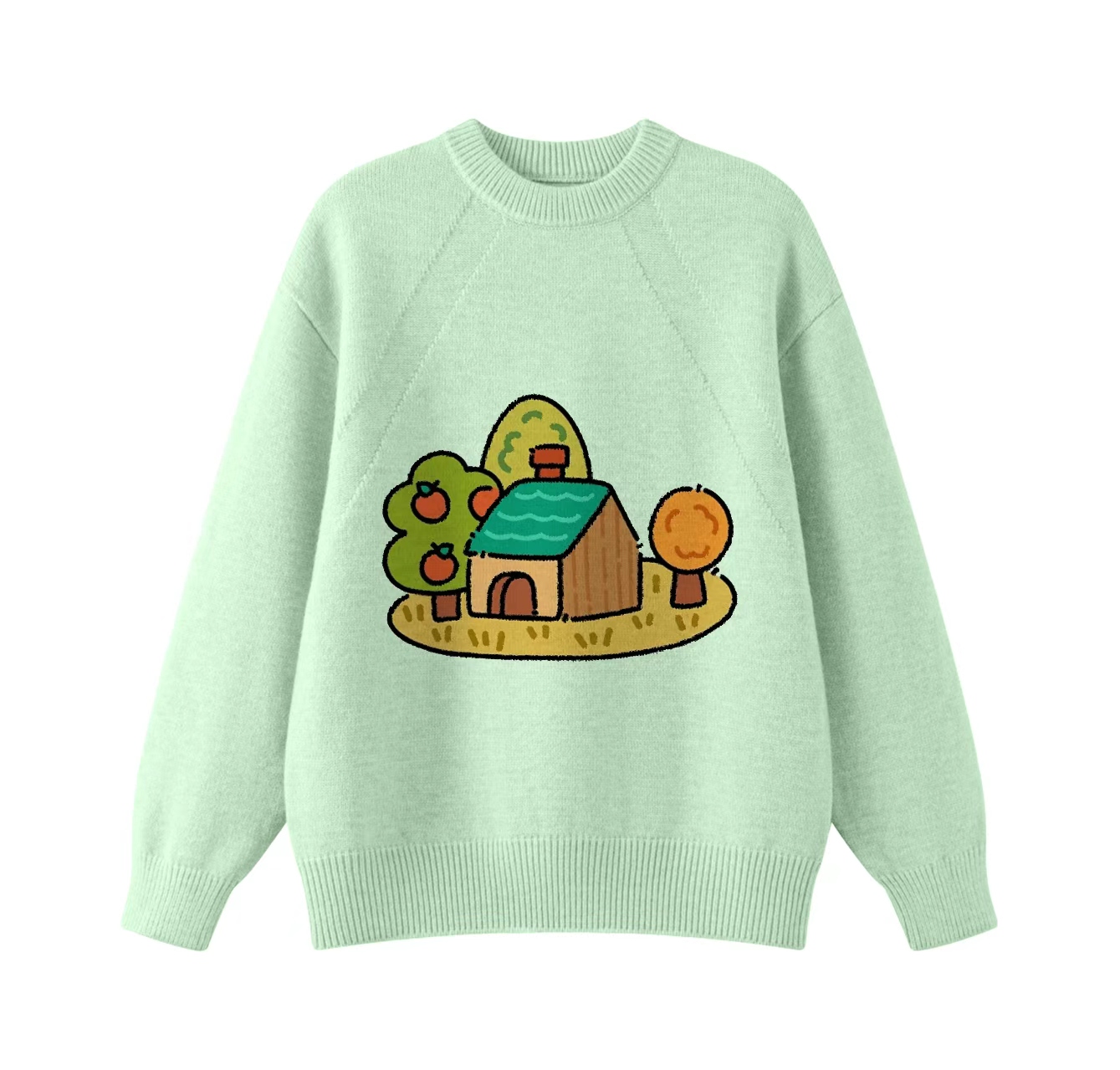 This adorable knit sweater, featuring a pattern of trees surrounding a house and a crew neck pullover design, is an ideal choice for winter wear.