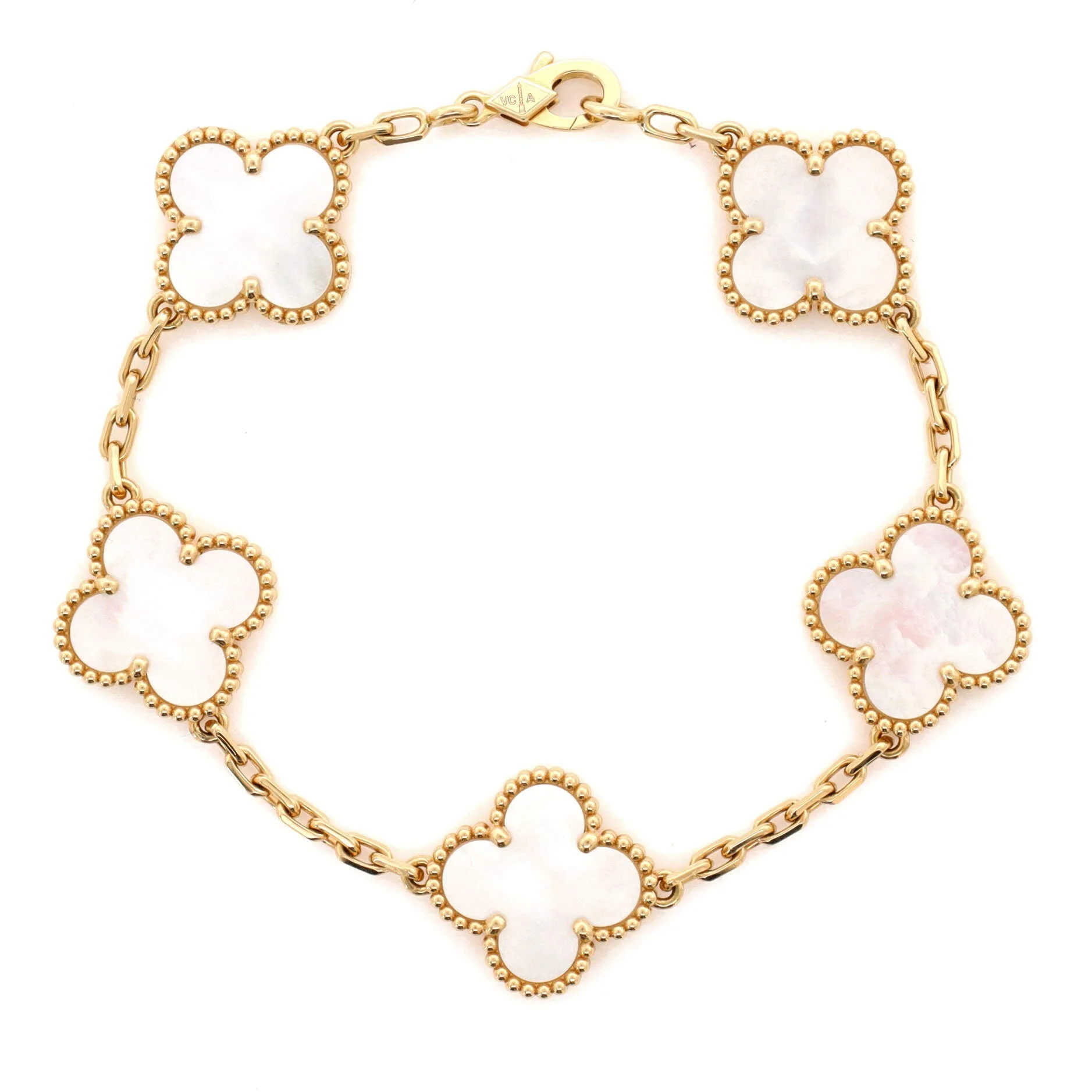 Vintage Alhambra 5 Motifs Bracelet 18K Yellow Gold and Mother of Pearl