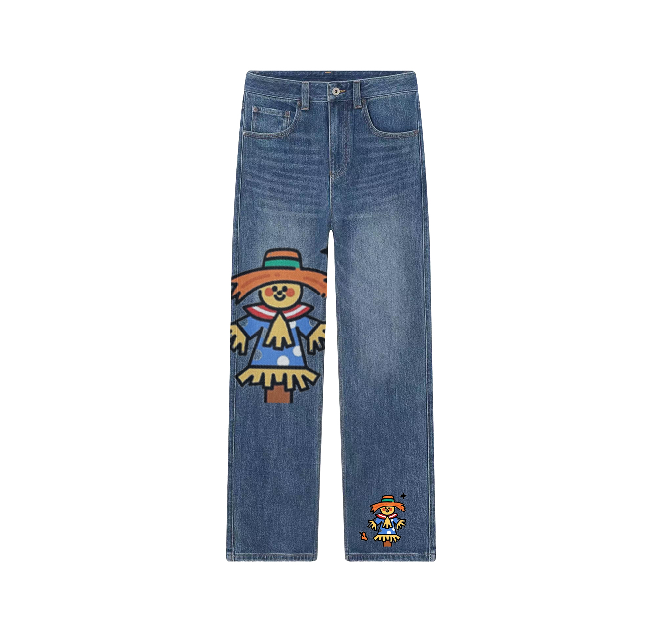 A pair of jeans with a scarecrow pattern—a wardrobe essential.
