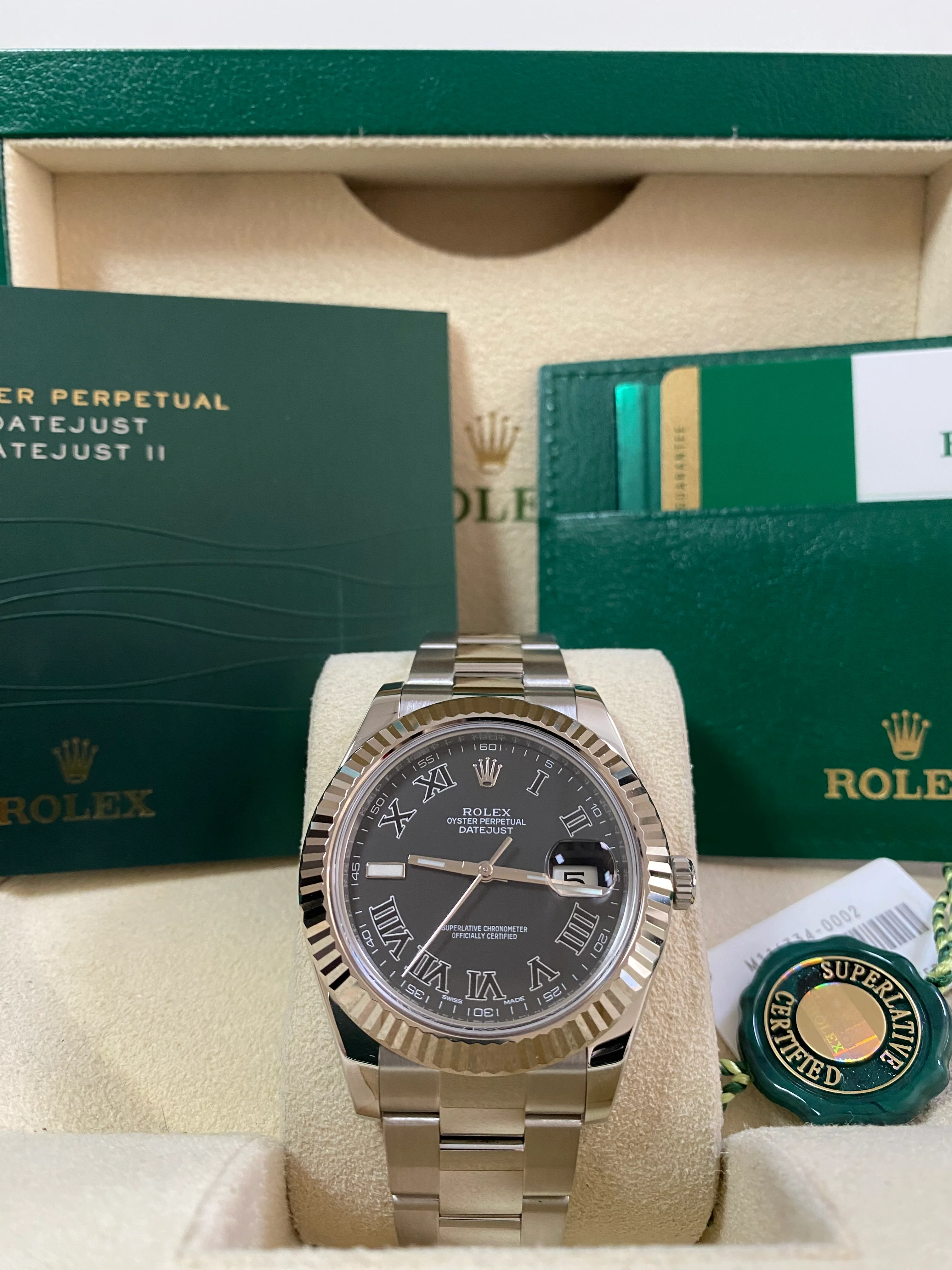 Rolex Steel Datejust II - 2017 - Fluted Bezel - Black Roman Dial - Oyster Bracelet - 116334 *FULL SET*