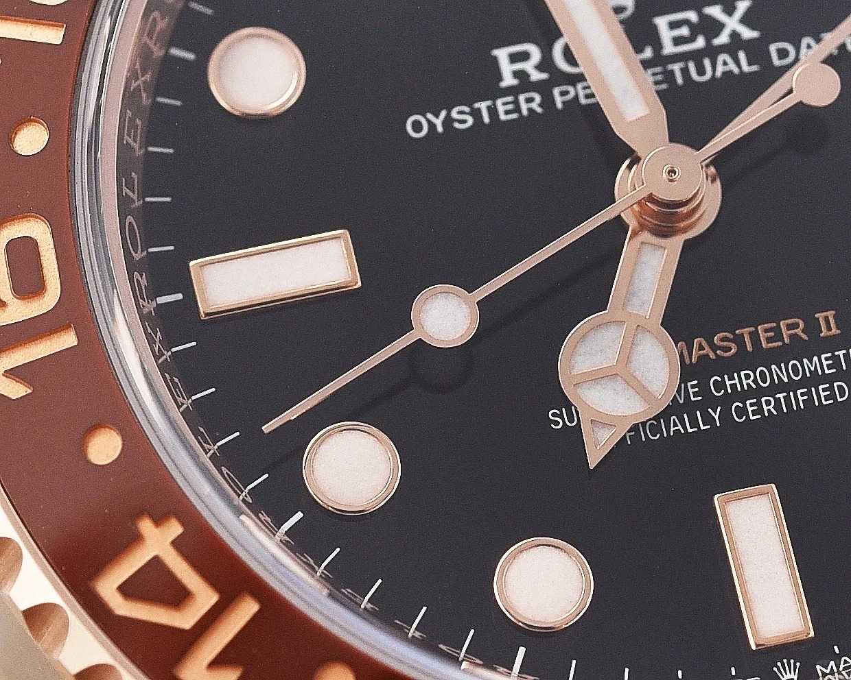 Rolex GMT-Master II 40mm Root Beer Black Dial Oyster Bracelet 18k Rose Gold Watch 126715chnr-0001