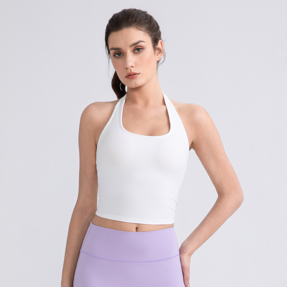 Halter neck yoga vest for women, revealing sports running vest with padded bra, sexy backless sports top