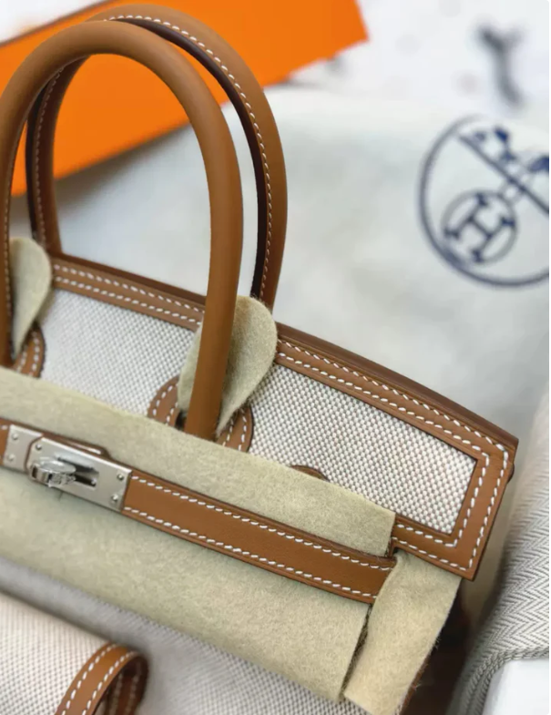 HERMÈS Limited Edition Birkin Cargo 25-35 in Gold Swift leather and Canvas with Palladium hardware customization