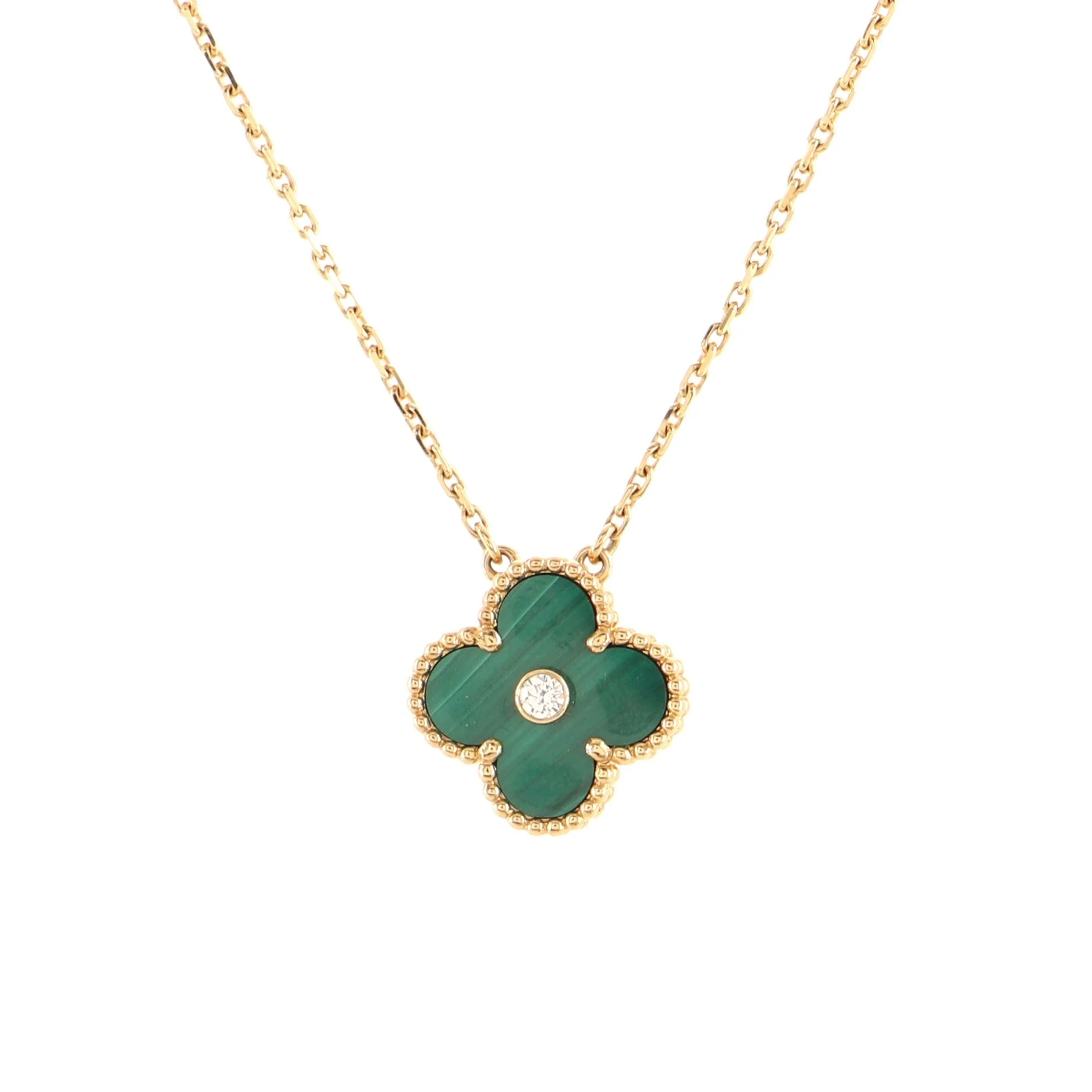 Vintage Alhambra Pendant Necklace 18K Yellow Gold and Malachite with Diamond