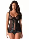Obsessive Amanta Black Sheer Mesh and Lace Underwire Babydoll Set