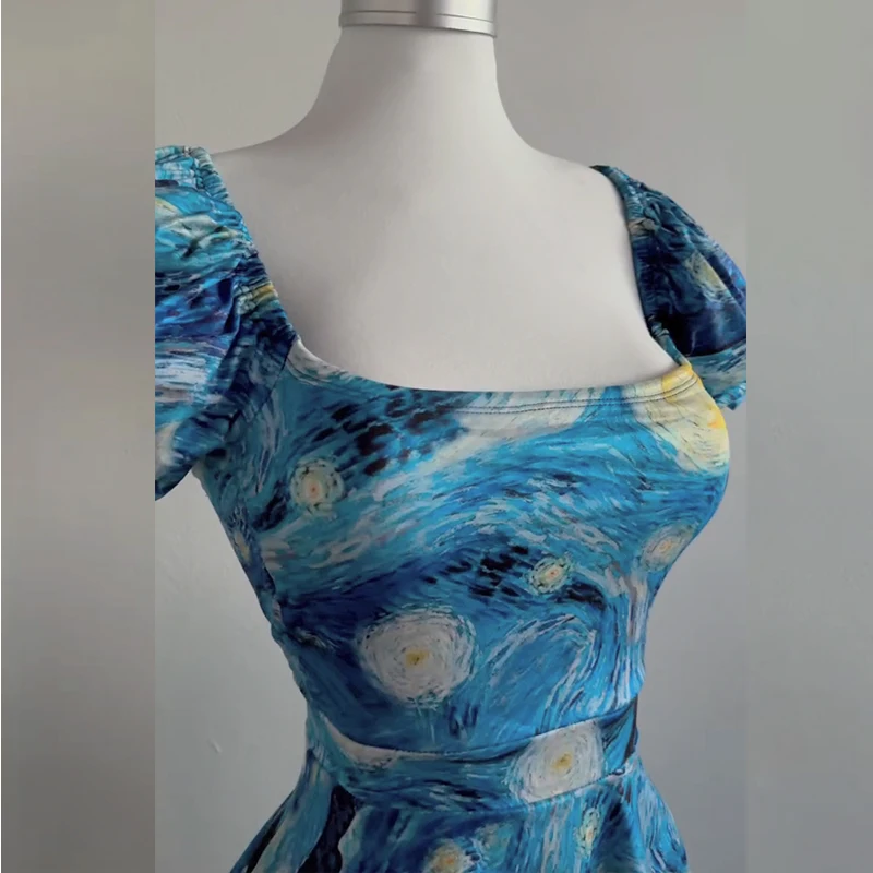 Women Mini Dresses Summer Fashion Female Van Gogh Starry Sky Print Dresses Shirring Pleated Short Puffy Sleeve Casual Dress