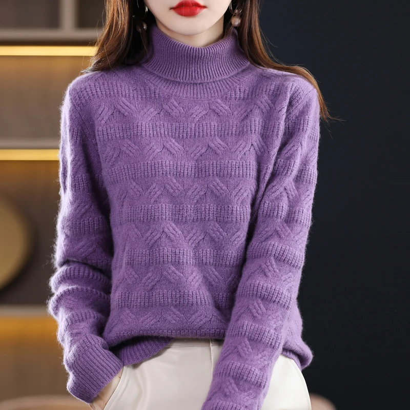 Autumn Winter Pure Wool Soft Thickening Sweater Women Jacquard High Lapel Solid Pullover Basis Casual Cashmere Knit