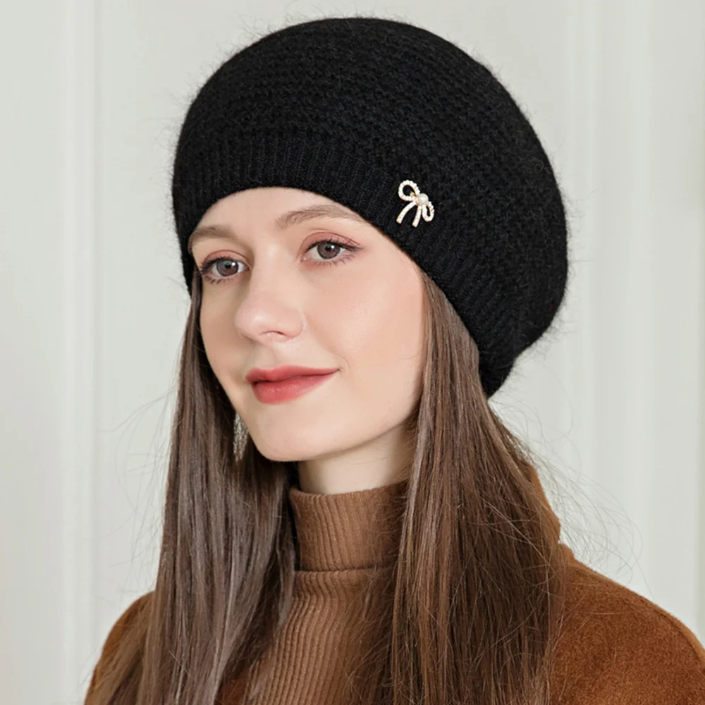 New Women Winter Hat Streetwear Rabbit Fur Blend Warm Cap Fashion Decorate Beanie Hat For Female Casual Knitted Hat