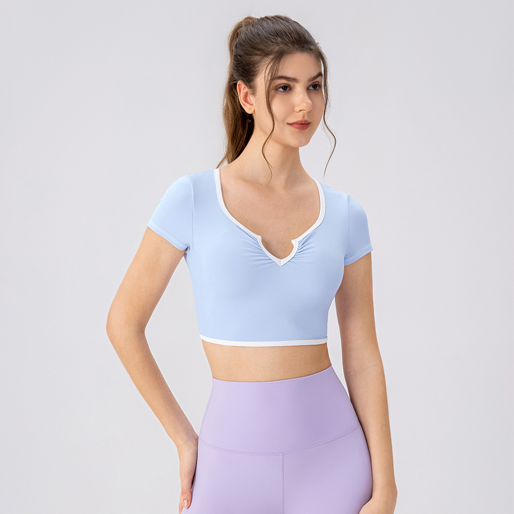 Women's Short Yoga Shirt, Short-Sleeved, with Padded Chest, Shock-Absorbing, Running, Pilates Training Top, Tight-Fitting Sports T-Shirt