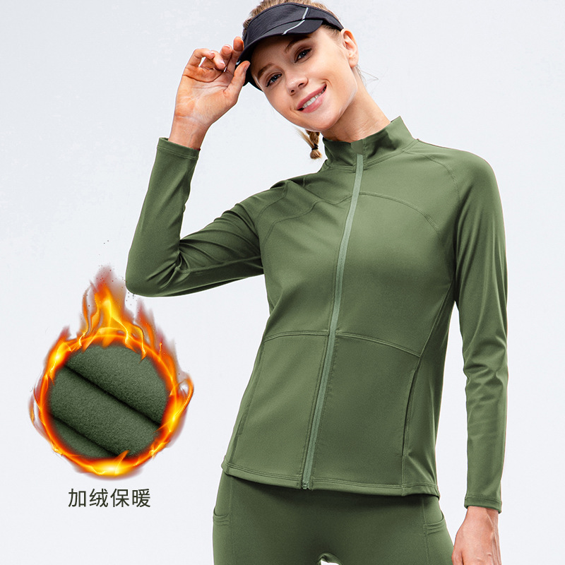 Women's Autumn/Winter Fleece-Lined Nylon Yoga/Fitness Jacket, Zippered Elastic Long-Sleeved Fitness/Running Sports Jacket