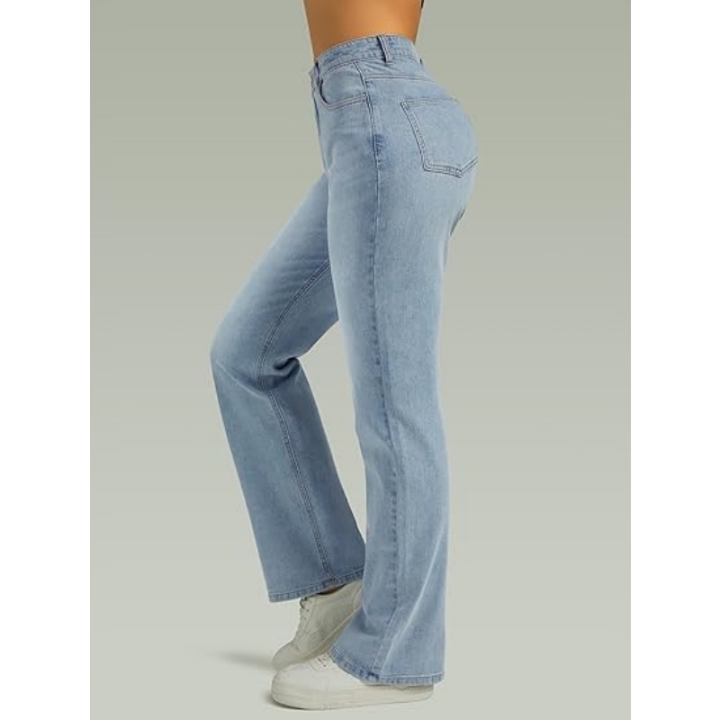Women's High Waisted Microelastic Straight Leg Jeans, Loose Wide Leg Boyfriend Denim Pants