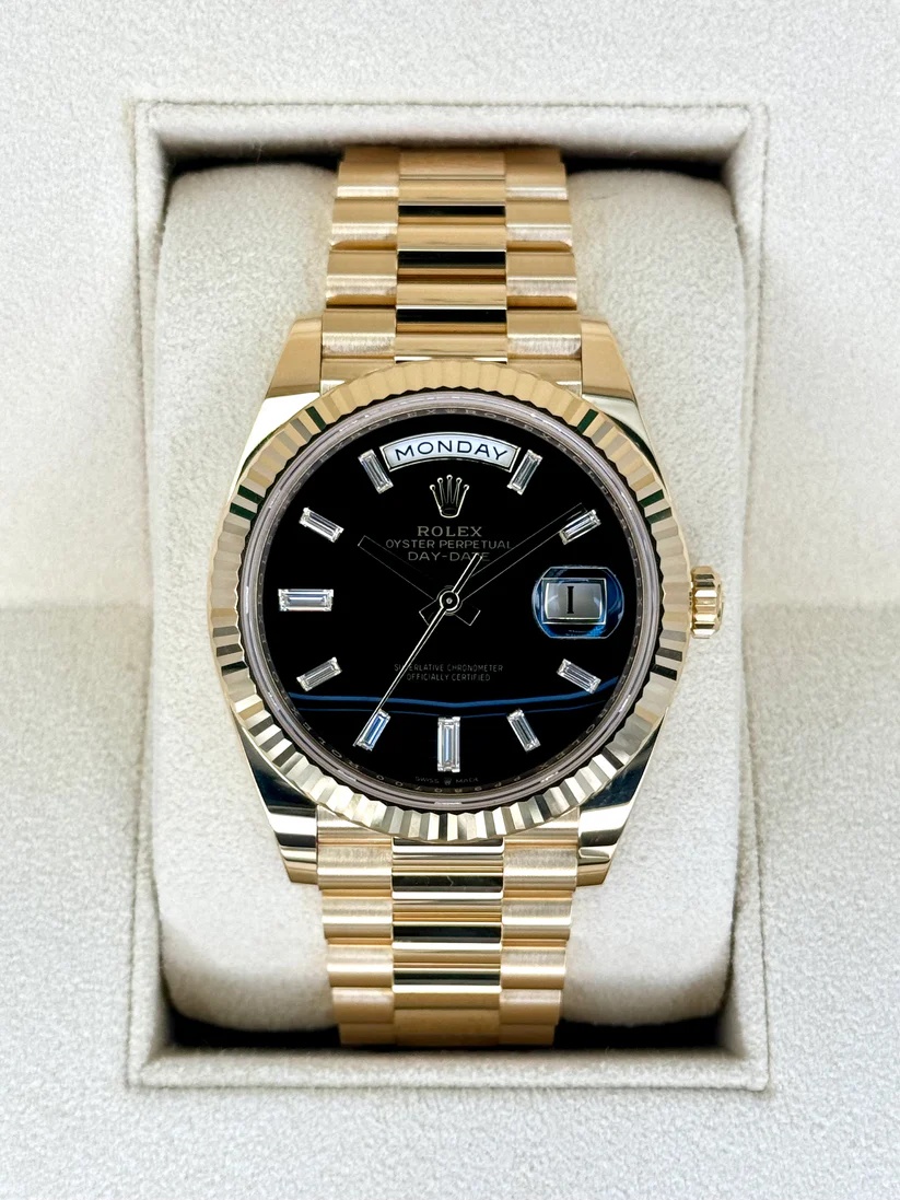 【Super Clone】RLX Yellow Gold President Day Date 40mm Onyx Diamond Dial - 228238