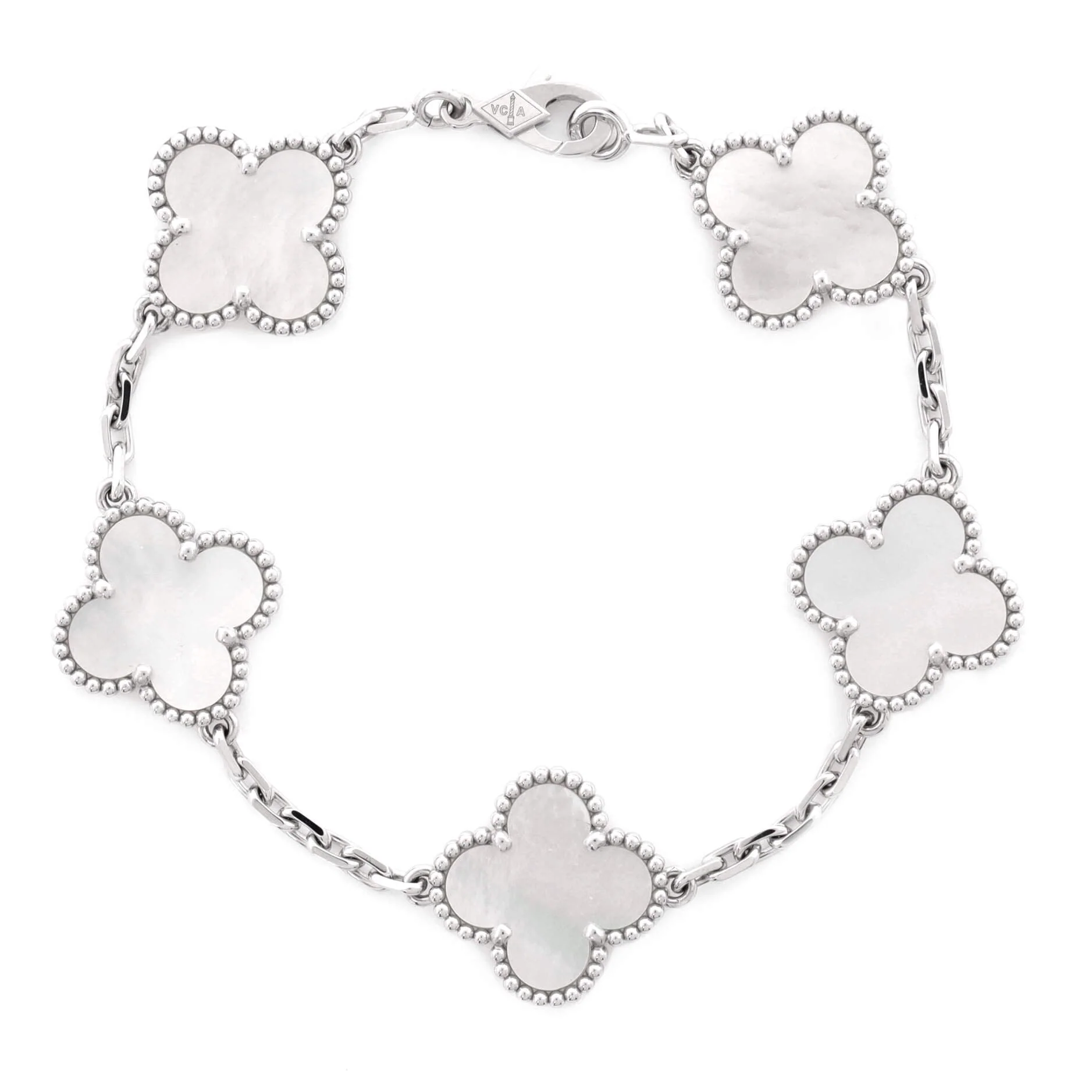 Vintage Alhambra 5 Motifs Bracelet 18K White Gold and Mother of Pearl