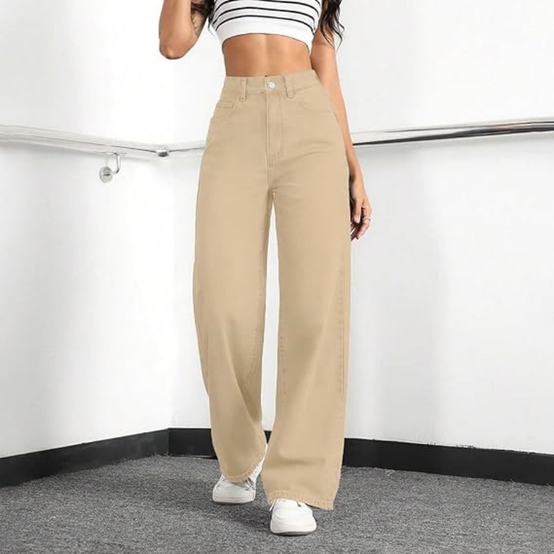 Women's High Waisted Stretchy Straight Leg Jeans, Loose Baggy Boyfriend Wide Leg Denim Pants