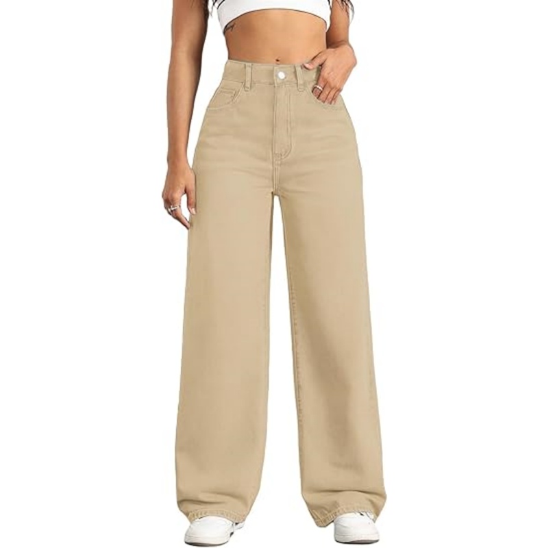 Women's High Waisted Stretchy Straight Leg Jeans, Loose Baggy Boyfriend Wide Leg Denim Pants