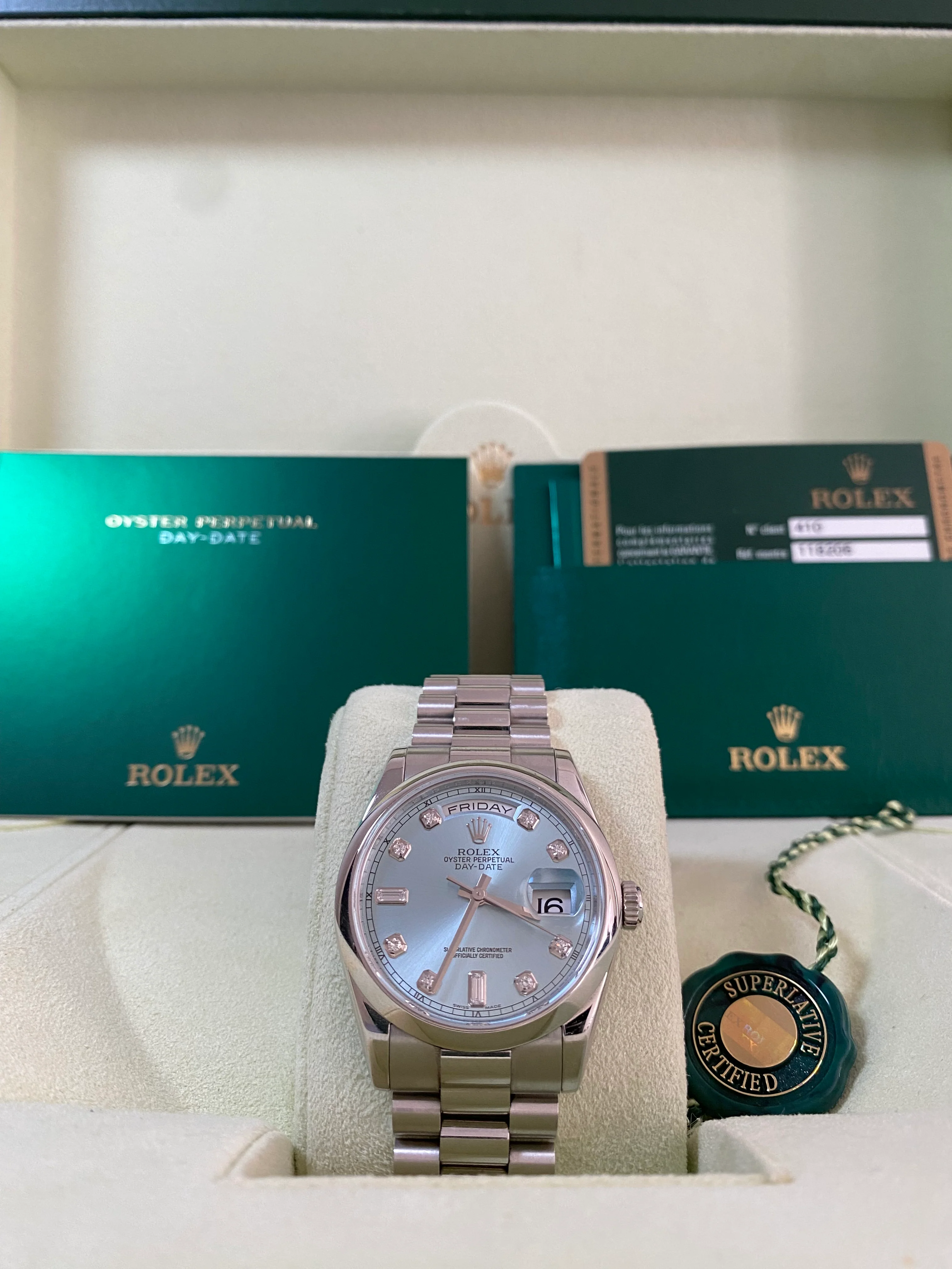 Rolex Platinum Day-Date 36 - 2014 - Domed Bezel - Ice Blue Diamond Dial - President Bracelet - 118206 *FULL SET*