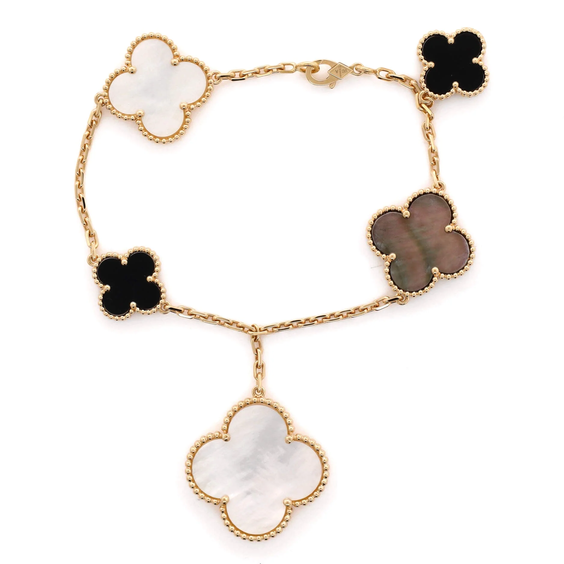 Magic Alhambra 5 Motifs Bracelet 18K Yellow Gold with Mother of Pearl and Onyx