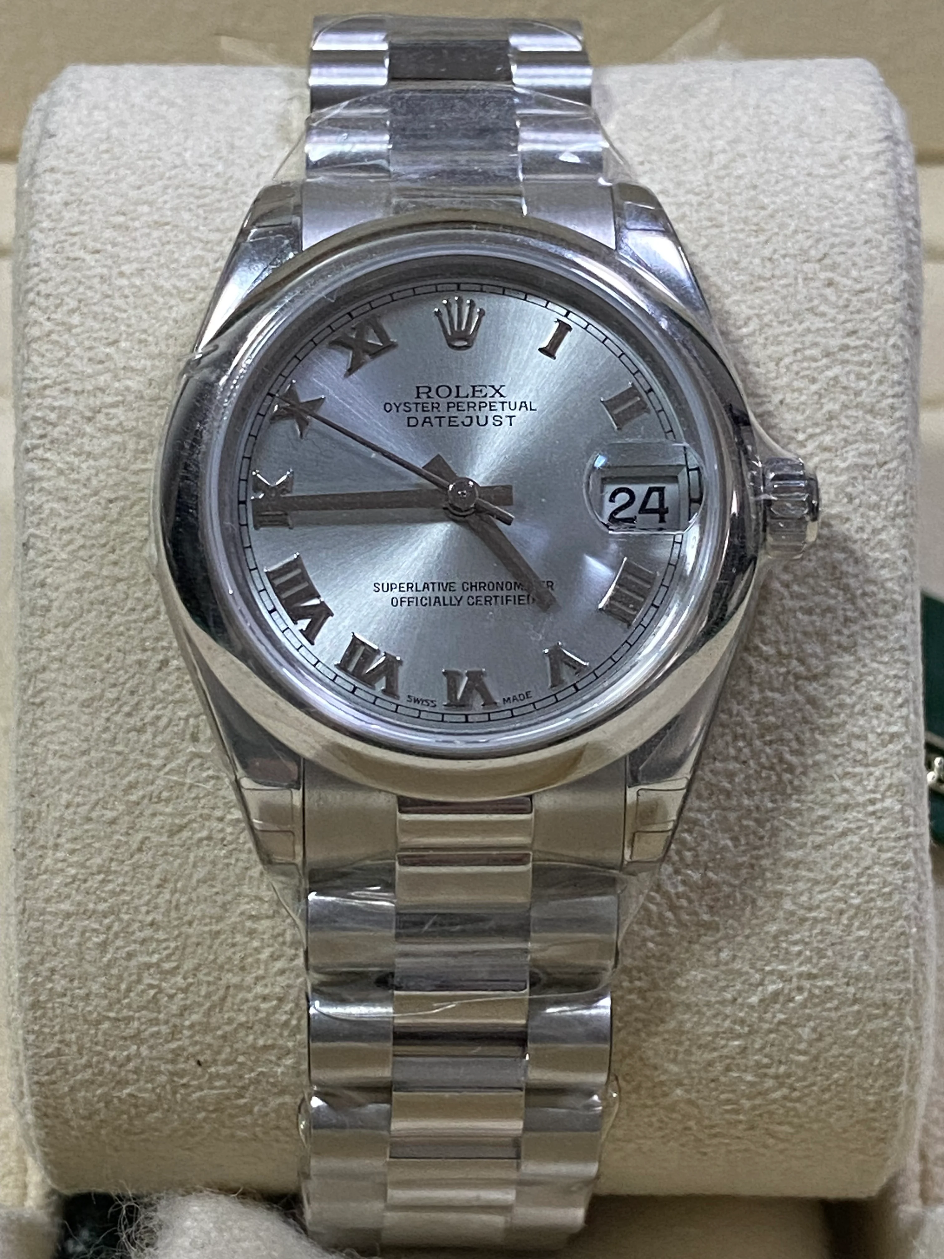 Rolex Platinum Datejust 31 - 2022 - Domed Bezel - Silver Roman Roman Dial - President Bracelet - 178246 FULL STICKERS