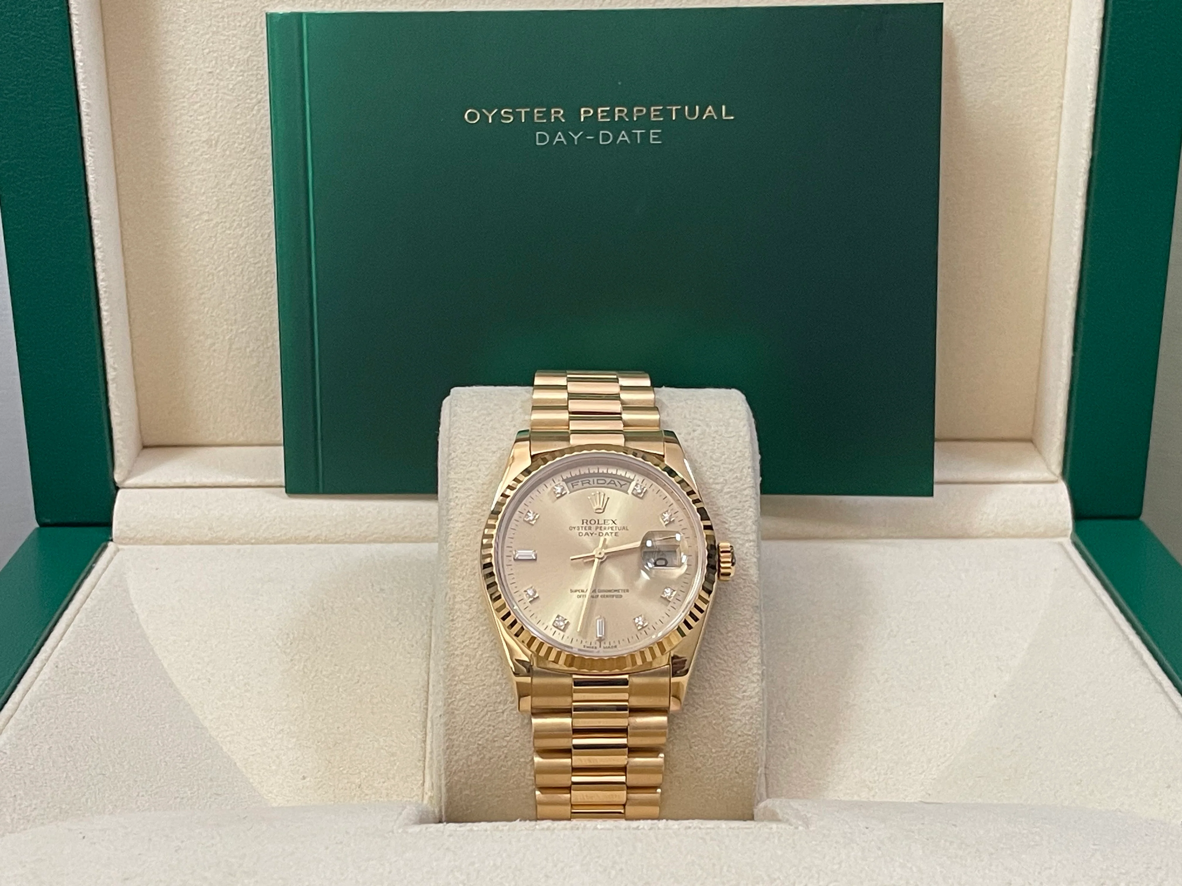 Rolex Yellow Gold Day-Date 36 - Fluted Bezel - Factory Diamond Dial - President Bracelet - 18238
