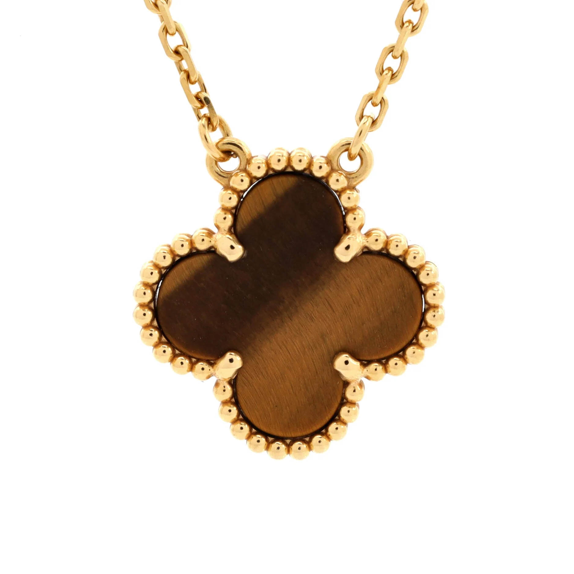 Vintage Alhambra Pendant Necklace 18K Yellow Gold and Tiger Eye