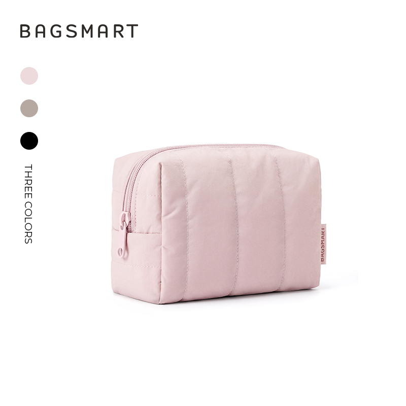 BAGSMART Travel Makeup Bag for Purse Toiletry Pouch, Puffy Padded Cosmetics Bag, Cute Make Up Pouch for Women with Slip-in Pocket, Travel Essentials for Toiletries, Pink