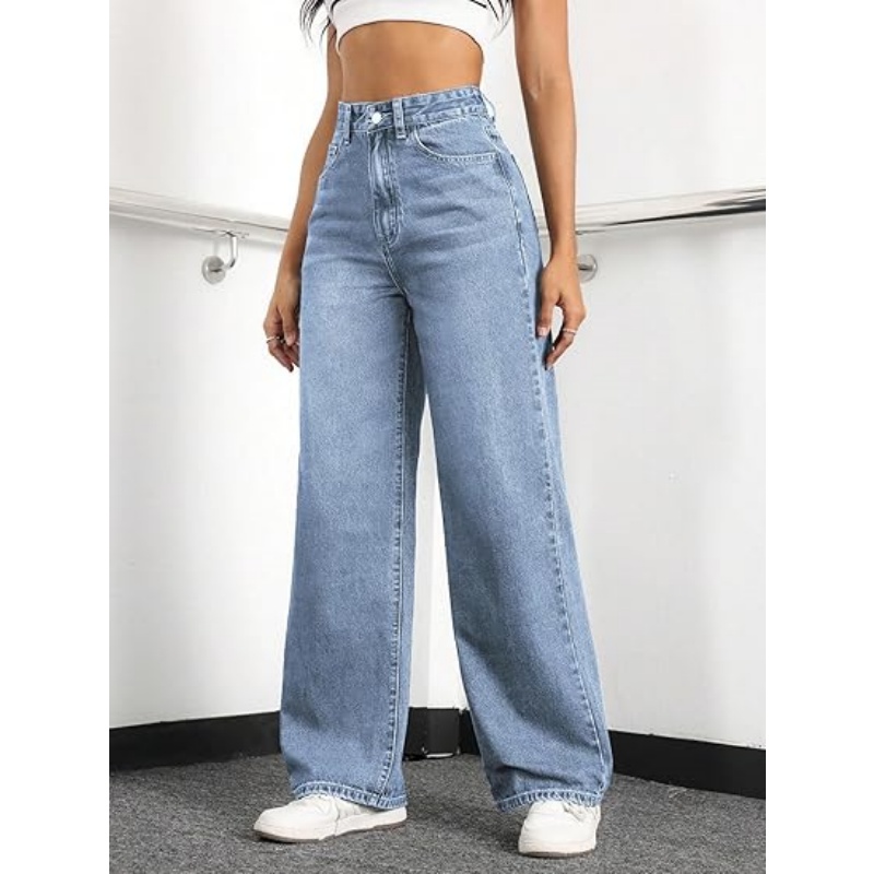 Women's High Waisted Stretchy Straight Leg Jeans, Loose Baggy Boyfriend Wide Leg Denim Pants