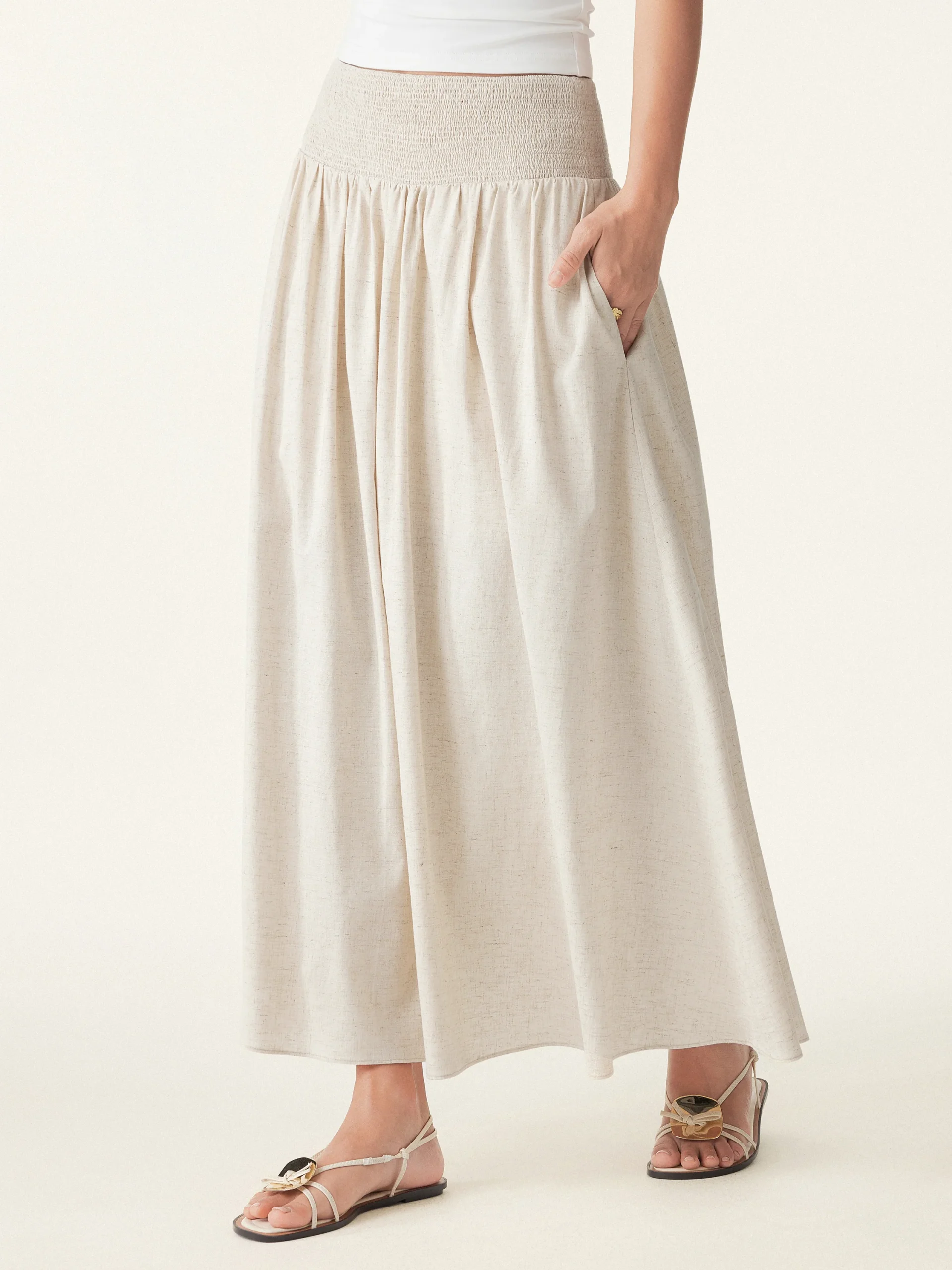 European Linen Smocked Waist Skirt with Pockets