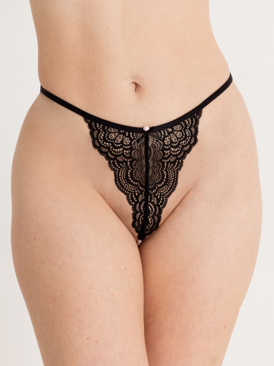 Lovehoney Satin Romance Black Lace Pearl Thong