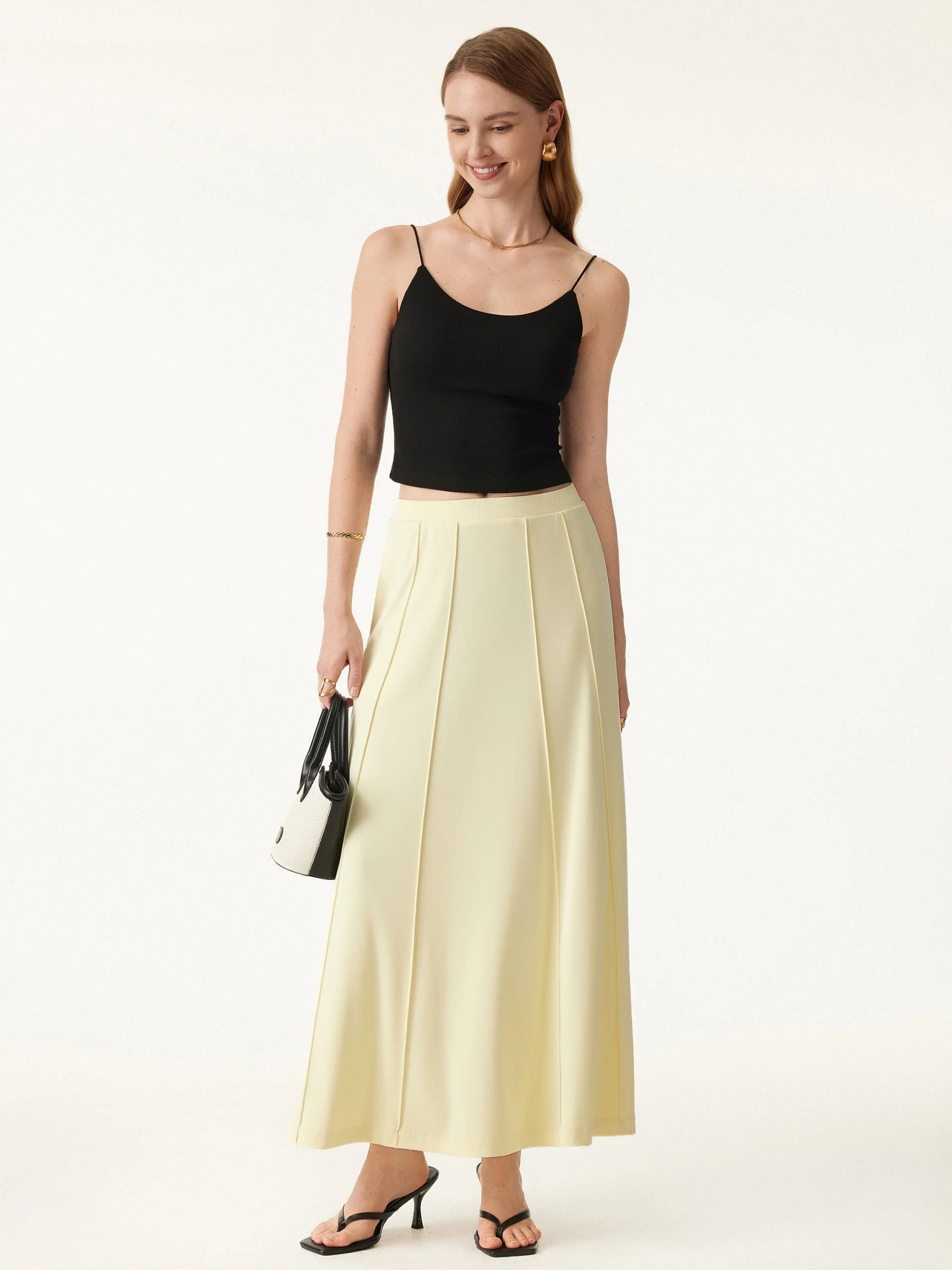 Mid Rise A-line Pintucks Pull-on Maxi Skirt