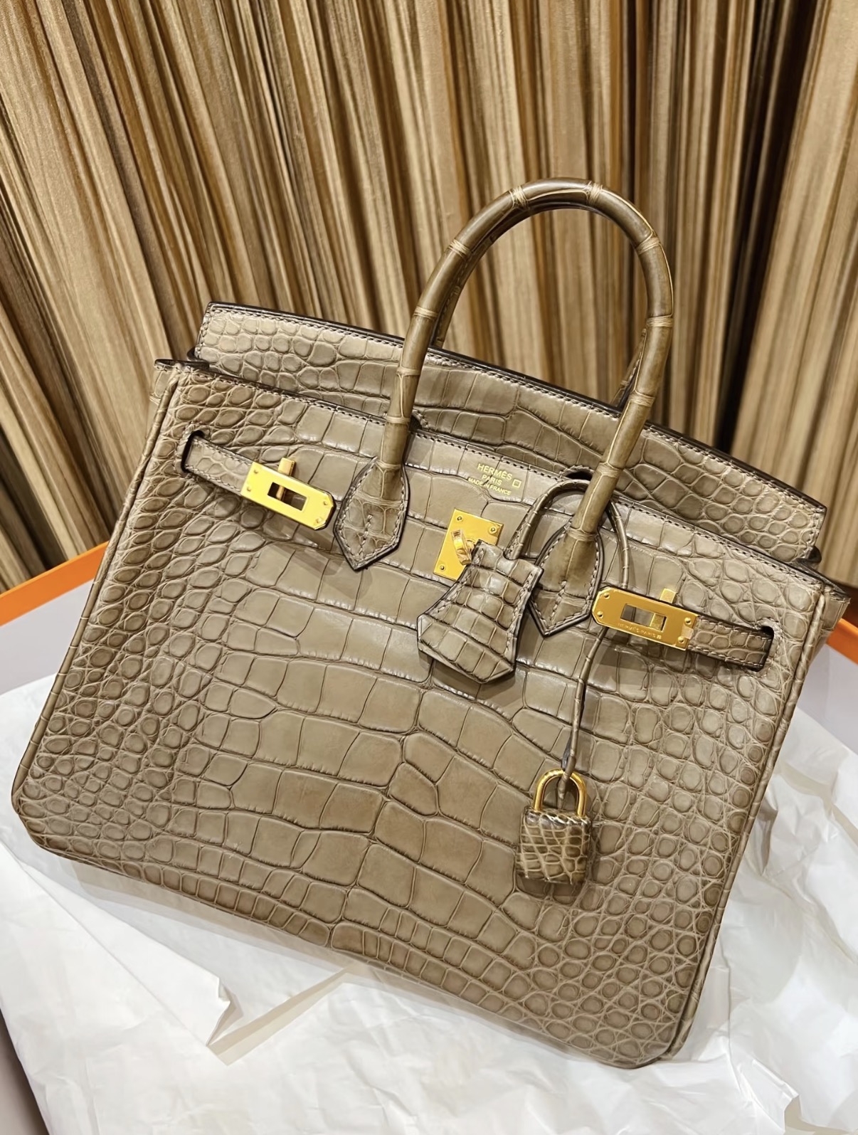 Birkin 25-35 elephant gray gold hardware crocodile leather custom - Artisantouchss