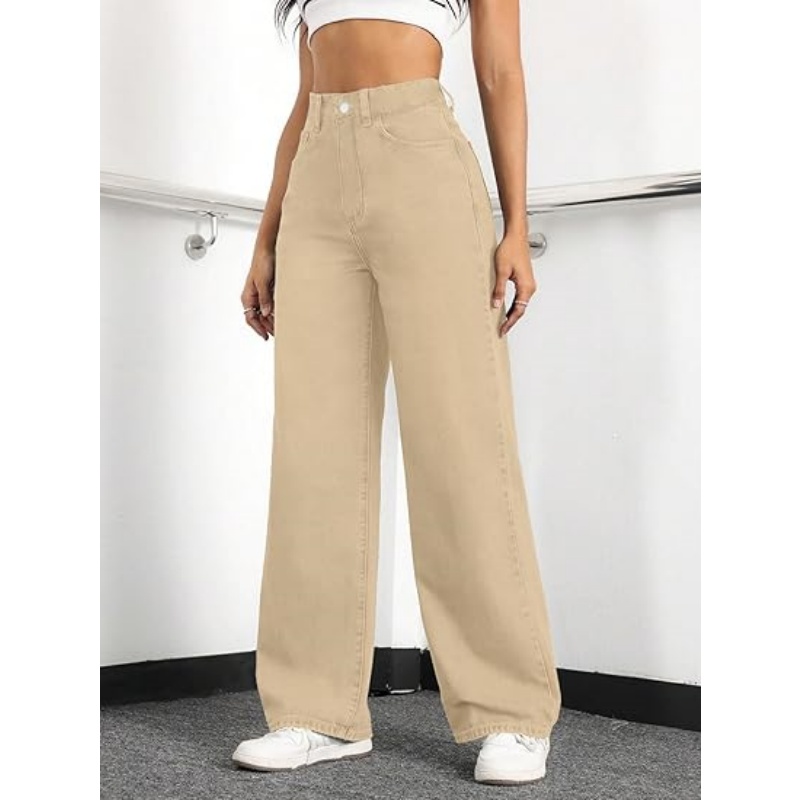 Women's High Waisted Stretchy Straight Leg Jeans, Loose Baggy Boyfriend Wide Leg Denim Pants