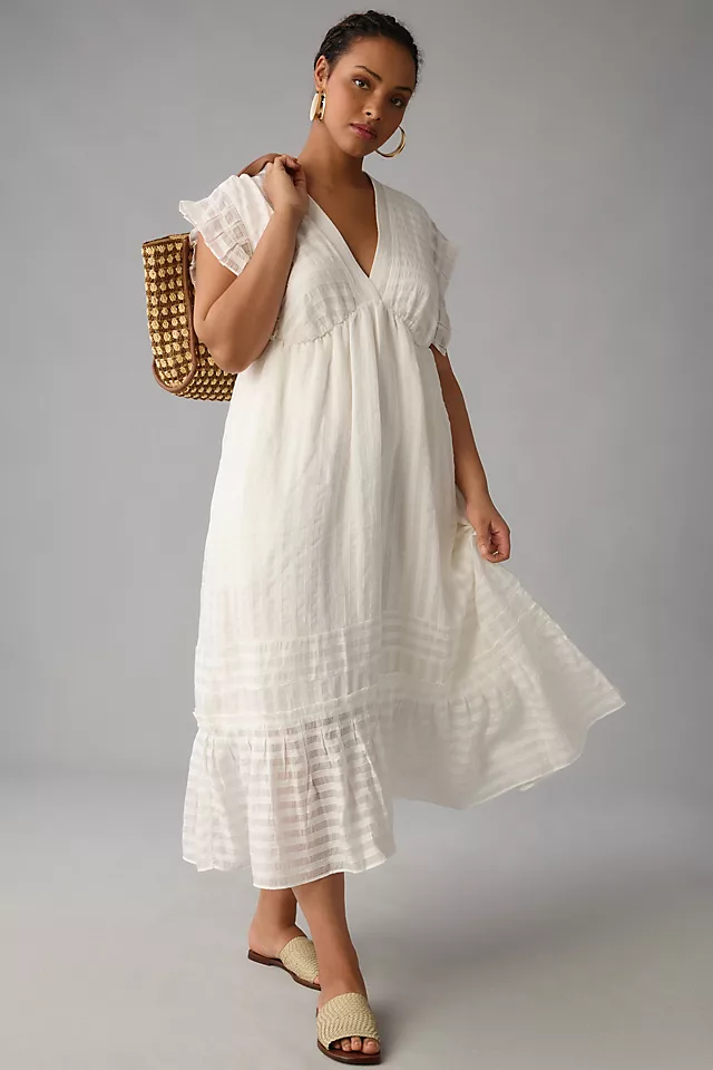 V-Neck Ruffled Tiered Babydoll Dress WHITE
