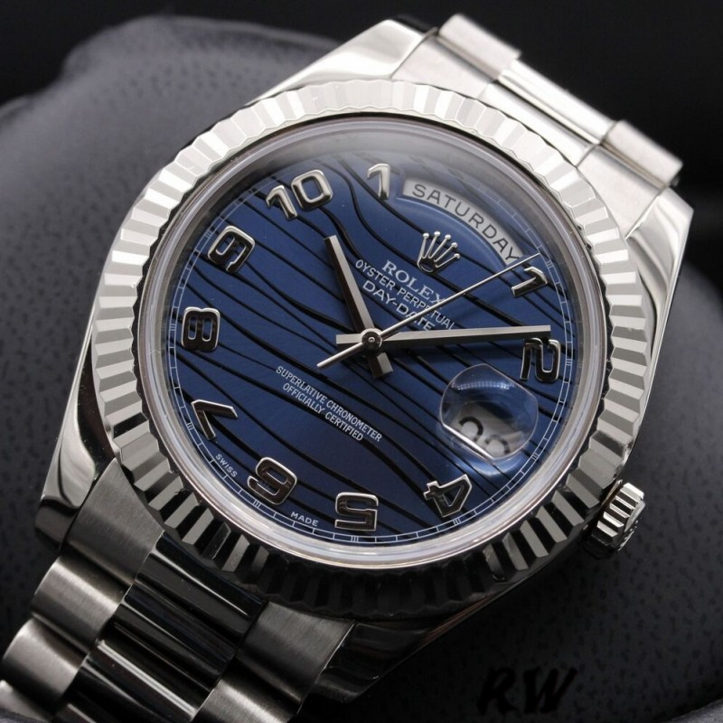 Rolex Day-Date 218239 Wave Blue Dial White Gold 41MM Mens Replica Watch