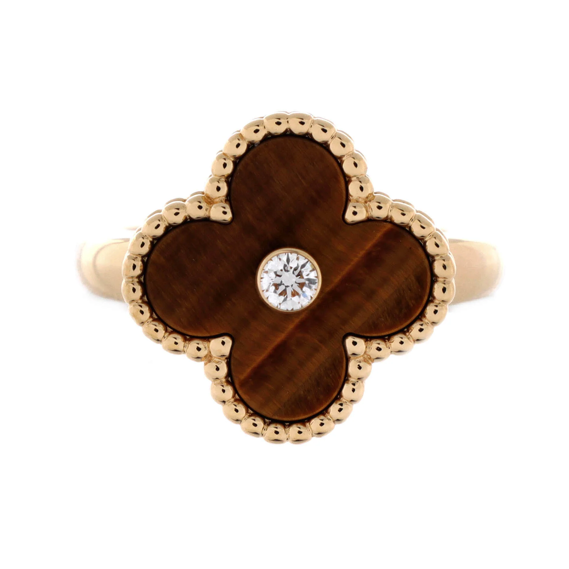 Vintage Alhambra Ring 18K Yellow Gold and Tiger Eye with Diamond