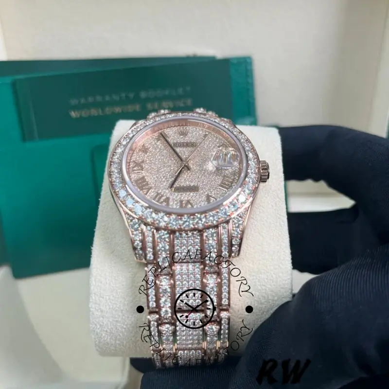 Rolex Pearlmaster 86405RBR Everose Gold Paved Diamond dial 39mm Mens Replica Watch